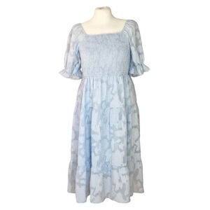 Meerokeety || Smocked Ballon Sleeve Midi Dress Cottagecore Milkmaid Baby Blue L